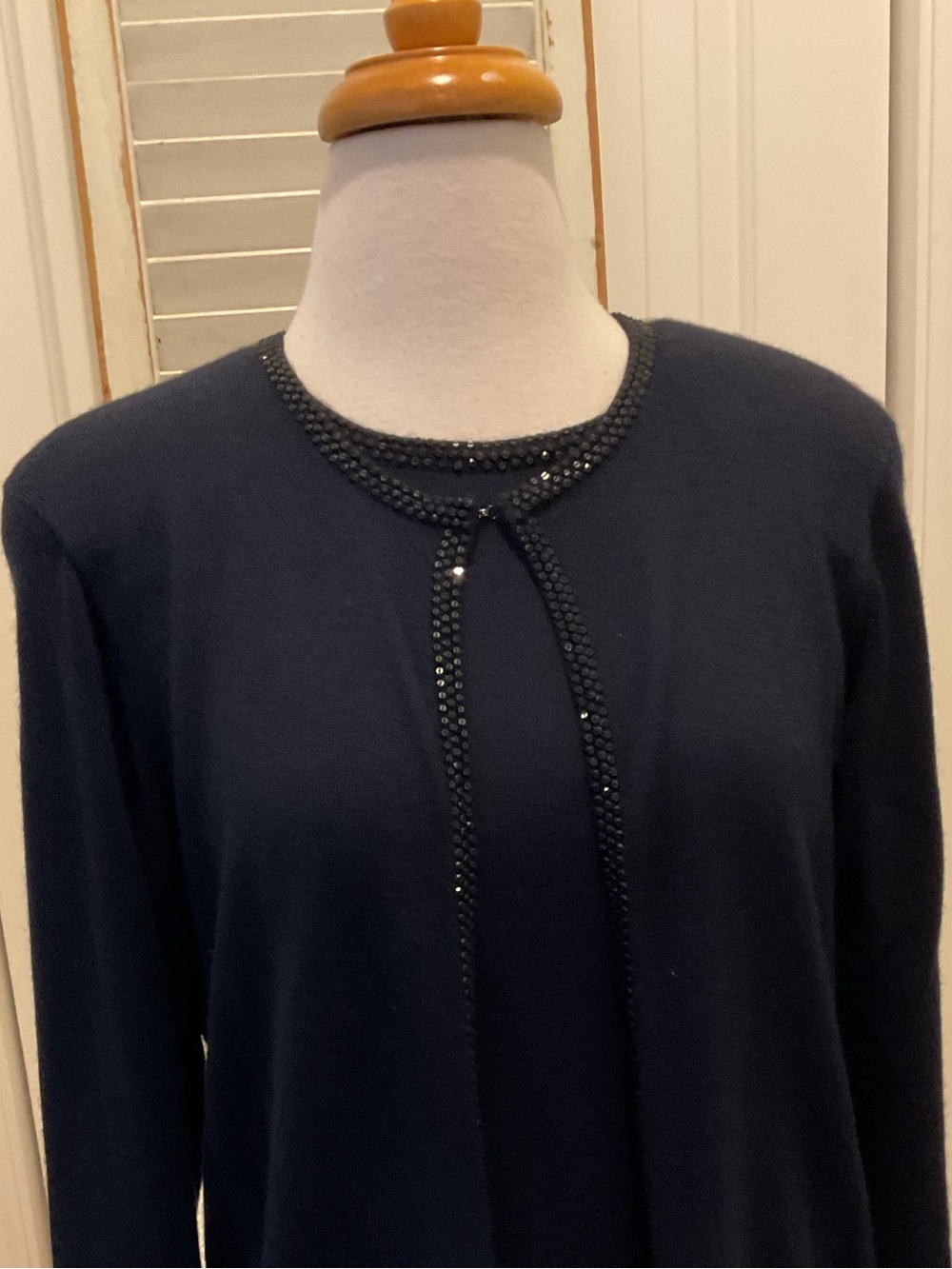 Pamela Dennis Navy Beaded Trim Cashmere Cardigan Sweater Set